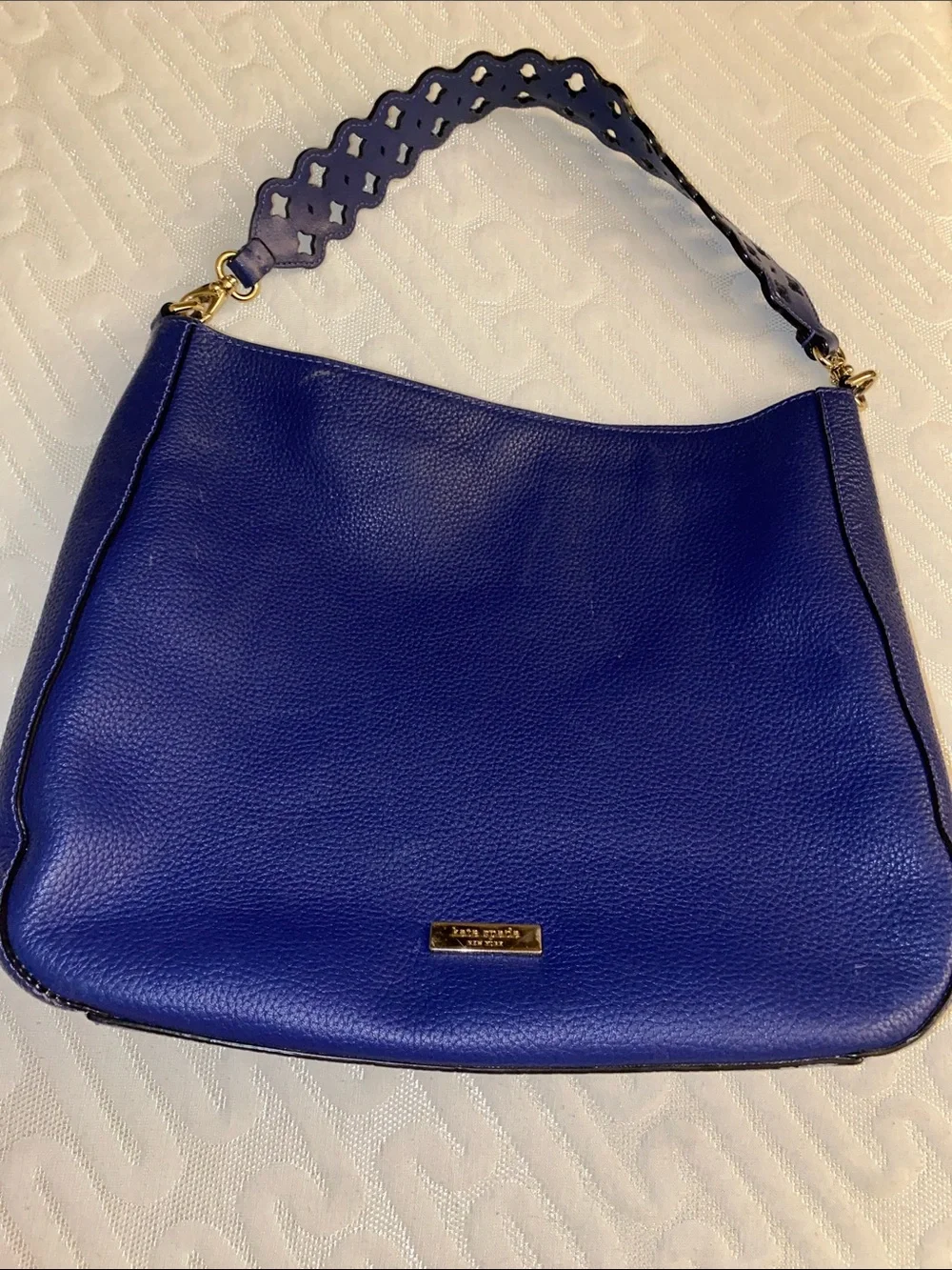 kate spade Royal Blue Pebbled Leather Shoulder Bag with Scalloped Strap